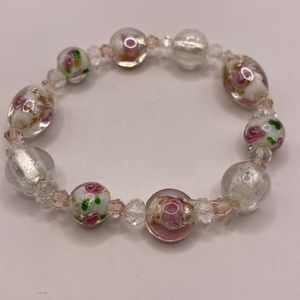 Glass Beaded Stretchy Bracelet With Pink Roses & Gold Flakes